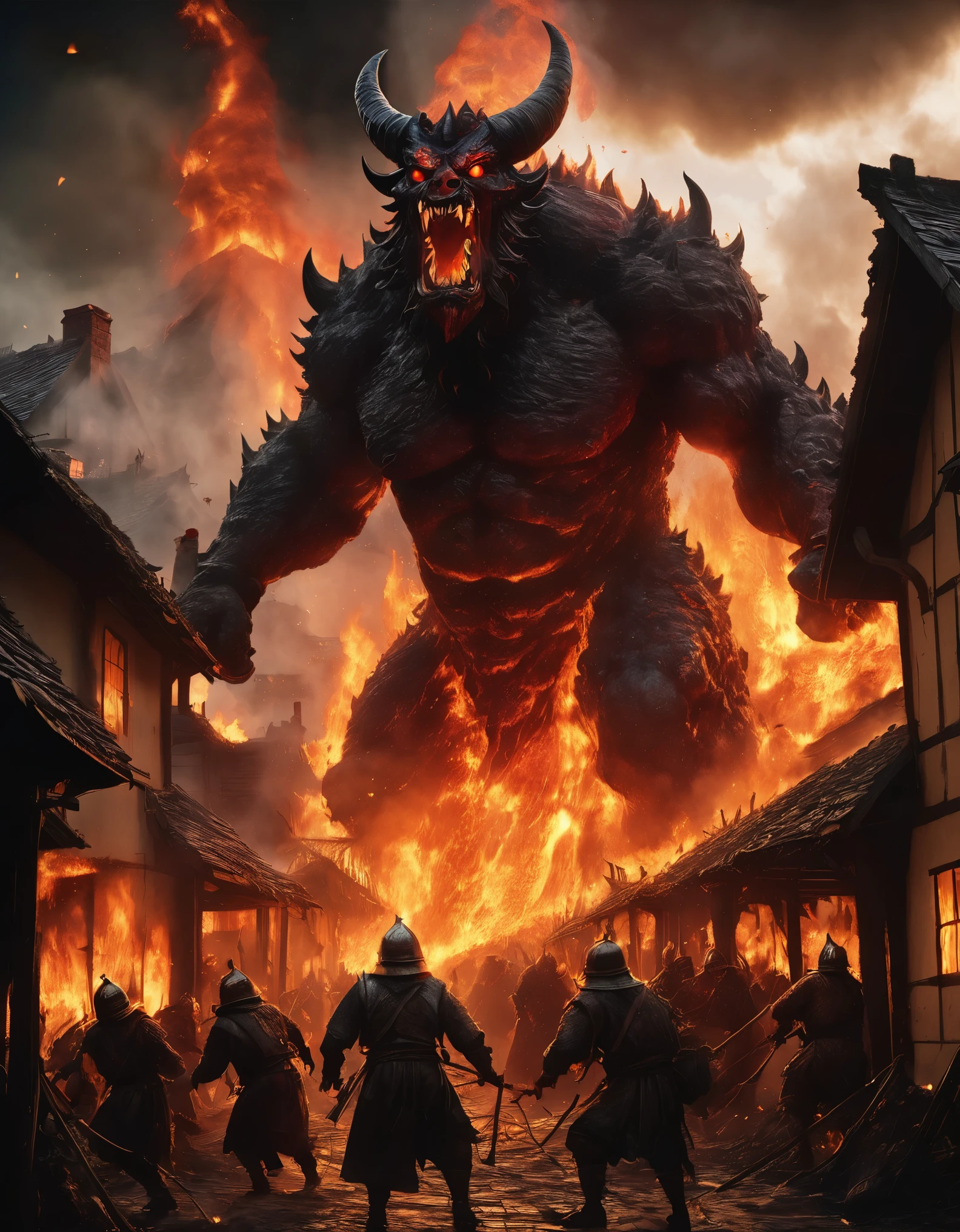 A massive fire scary demon, towering over a medieval village with flames engulfing its body, wielding a colossal axe with lava and fire, as terrified villagers flee in all directions. Fire and lava are flowing from the demon. The sky is dark with smoke and lightenings, the village ablaze in the background, capturing the intense and chaotic battle scene with high contrast and dramatic lighting. cinematic, epic realism,8K, highly detailed, spooky vibe