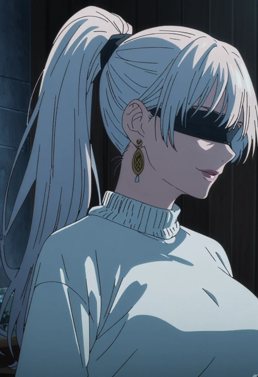 1girl, female gojo satoru, anime screencap from jujutsu kaisen, gojo satoru female version, solo, long_hair, ((wearing black blindfold)) ((White_hair, high ponytail)), night view, (hanging breasts) upper_body, smile, indoors, book, lips, (long hair) ((wearing white colour sweater)) breast, "very detailed and high resolution" (black blindfold) ((solo)) (((front view))) (earings) ((high resolution)) ((good quality)) ((silky hair, high ponytail))