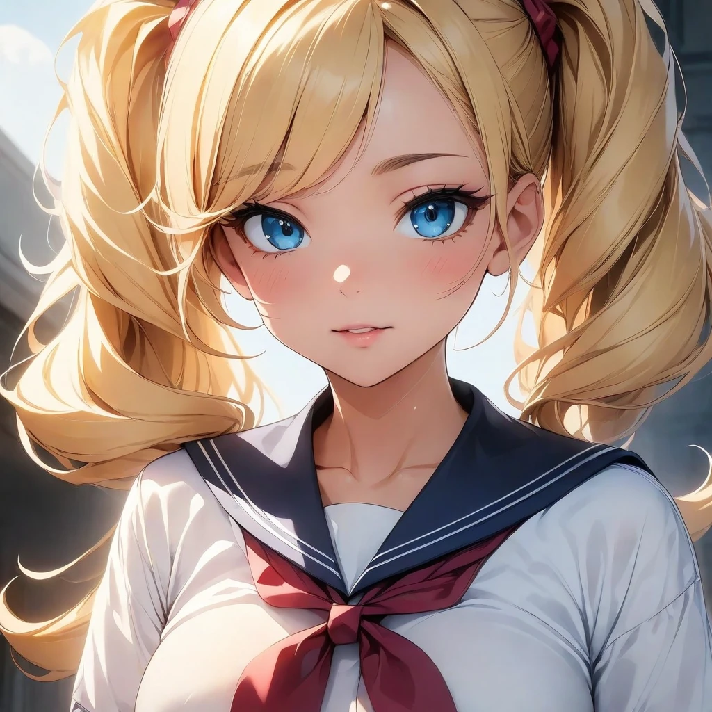 (Highest quality, 4K, masterpiece :1.3), Beautiful woman, 1 girl, (chest, Attractive body :1.2), ＪＫ:1.1, Blonde twin tails: 1.1, Sailor suit, Highly detailed face, Lip details, Beautiful Eyes, double eyelid