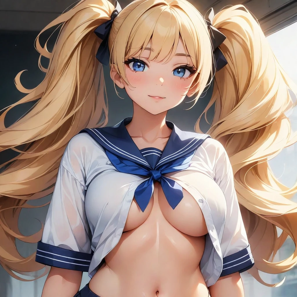 (Highest quality, 4K, masterpiece :1.3), Beautiful woman, 1 girl, (chest, Attractive body :1.2), ＪＫ:1.1, Blonde twin tails: 1.1, Sailor suit, Highly detailed face, Lip details, Beautiful Eyes, double eyelid