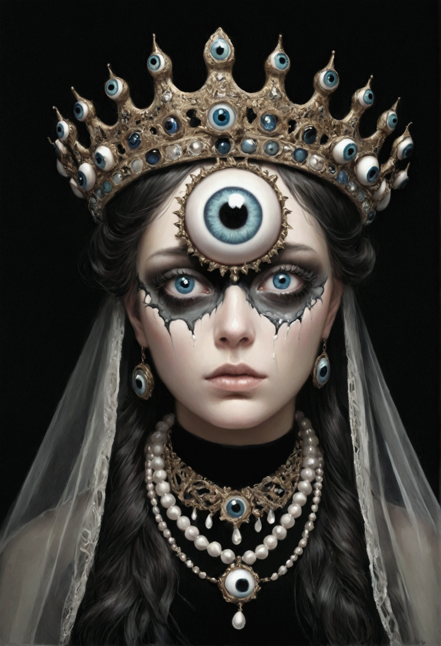 Digital Illustration,Morbid Aesthetics,Grotesque Aesthetics:,Tears,There are many eyeballs growing on the skin of the face,Eyeball Necklace,Eyeball Crown,Realistic eyeballs,teeth,Distorted face, Solitary,black background,crown,veil,Hands touch your face,3D eye bead necklace,Chain