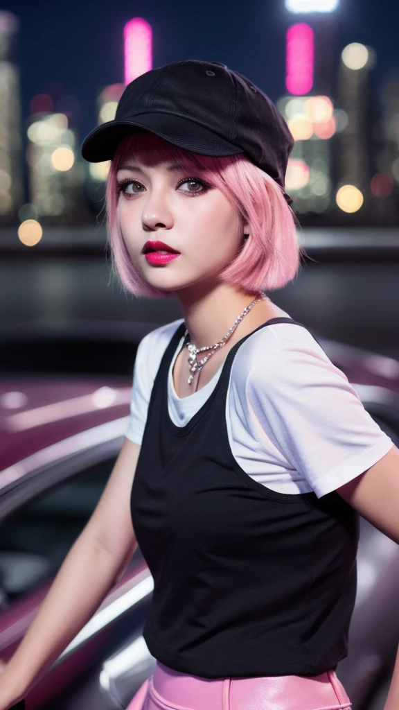 A girl with white short hair, beautiful detailed eyes, beautiful detailed lips, extremely detailed face, girl wearing hat, pink shirt, black top, punk style, short black skirt, holding baseball bat, night scene, car lights, cityscape background, hyper realistic, 8k, high quality, detailed description, cinematic lighting, vibrant colors, photorealistic