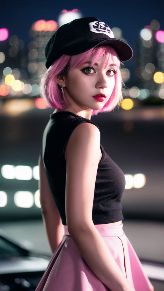 A girl with white short hair, beautiful detailed eyes, beautiful detailed lips, extremely detailed face, girl wearing hat, pink shirt, black top, punk style, short black skirt, holding baseball bat, night scene, car lights, cityscape background, hyper realistic, 8k, high quality, detailed description, cinematic lighting, vibrant colors, photorealistic