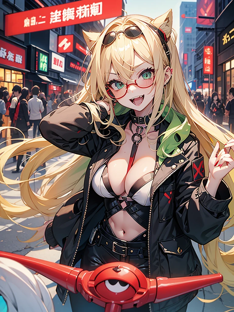 woman、Early 20s、Wicked Smile、Blonde、Long Hair、Green Eyes、Frameless sunglasses with red lenses、breast enhancement、sexy、sexyなポーズ、Black tube top、hot pants、Bright red long coat、R-18、City of night