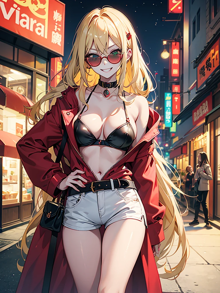 woman、Early 20s、Wicked Smile、Blonde、Long Hair、Green Eyes、Frameless sunglasses with red lenses、breast enhancement、sexy、sexyなポーズ、Black tube top、hot pants、Bright red long coat、R-18、City of night