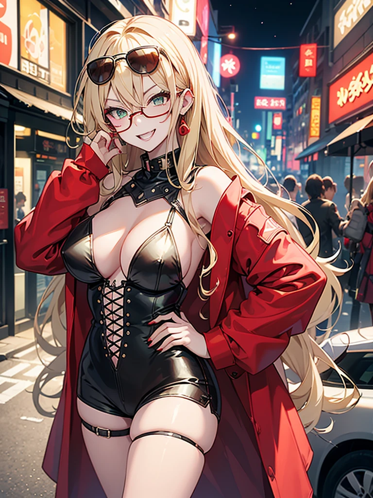 woman、Early 20s、Wicked Smile、Blonde、Long Hair、Green Eyes、Frameless sunglasses with red lenses、breast enhancement、sexy、sexyなポーズ、Black tube top、hot pants、Bright red long coat、R-18、City of night