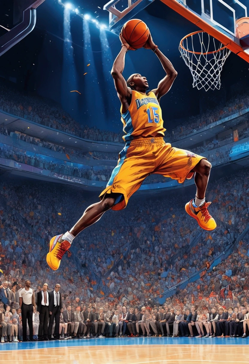 powerful basketball Dunk, Game-Winning Dunk, by Quentin Blake, full body, cinematic still, (best quality, masterpiece), very aesthetic, perfect composition, intricate details, ultra-detailed, vivid colors