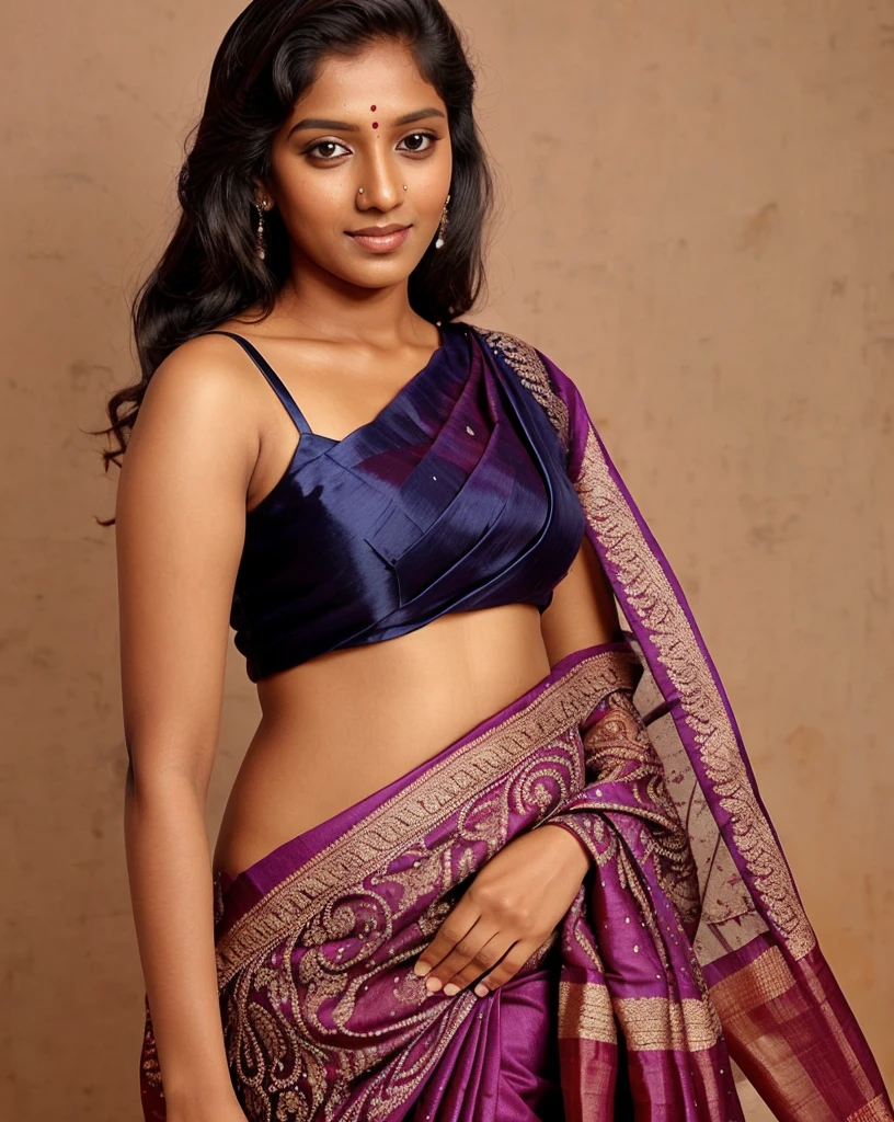 professional portrait photo, fully dressed, plain, 25-year-old, wearing intricate Kanjeevaram Silk Saree, flat matte background, desiespresso