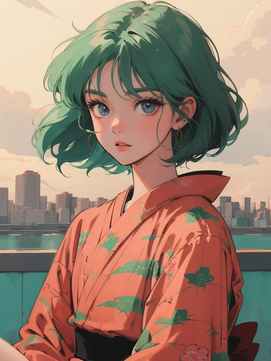anime girl sitting on floor looking, anime aesthetic, anime vibes, Lofi Artstyle, Lo-fi portrait. anime, Lofty Girl, anime art wallpaper 4 k, anime art wallpaper 4k, anime art wallpaper 8 k, anime background art, Lofi Color, Lofi Art, anime asthetic, Very Short Hair, kimono, kimono, Tokyo scenery, In the city, Wet day, Outside, Cloudy, neon, Whole body shot, Green Hair