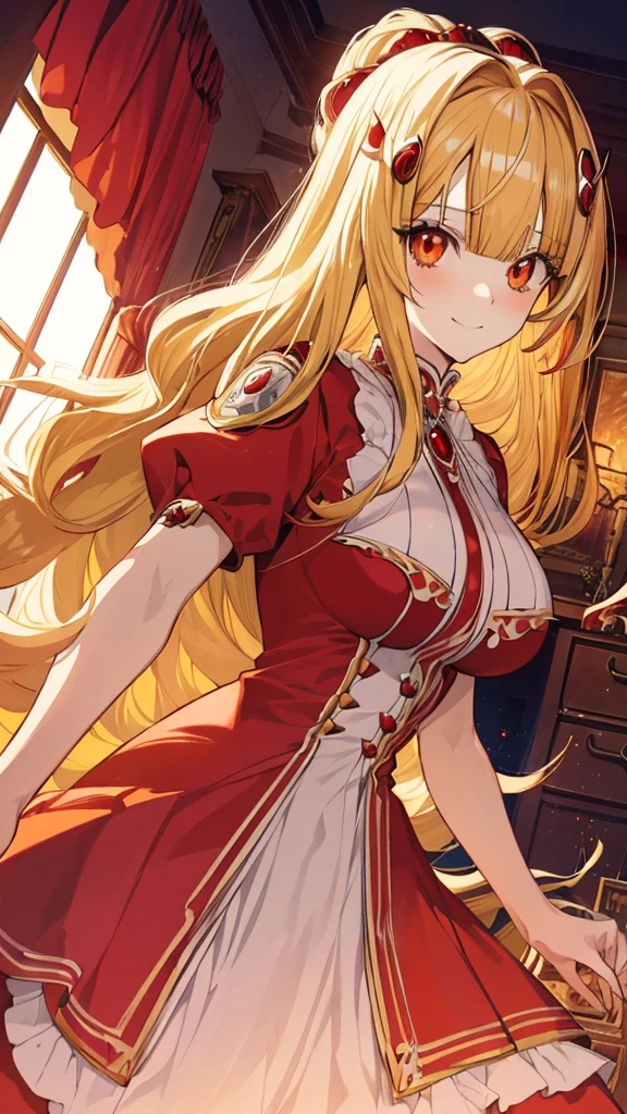 best quality, extremely detailed,anime style girl,((wavy)) long hair,((((blunt bangs)))),(hair between eyes),((bright blond hair)),beautiful detailed eyes,Orange eyes,Sharp eyes with many eyelashes,huge breasts,(((scarlet princess dress))),Complicated pattern,hair ornament,Luxurious room in castle,smile,dynamic angle