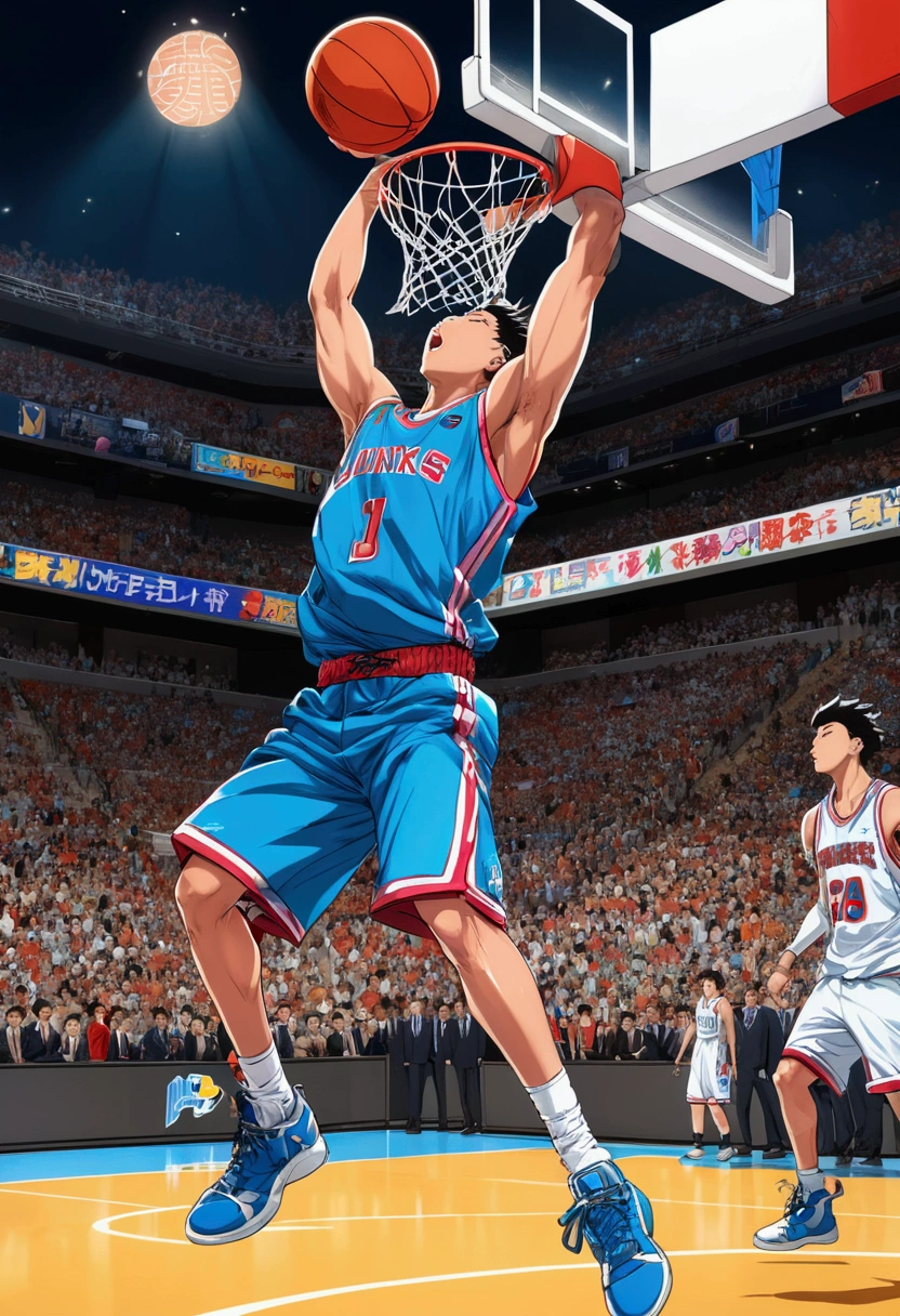 powerful basketball Dunk, Game-Winning Dunk, by Tsukasa Hojo, comic style,, full body, cinematic still, (best quality, masterpiece), very aesthetic, perfect composition, intricate details, ultra-detailed, vivid colors