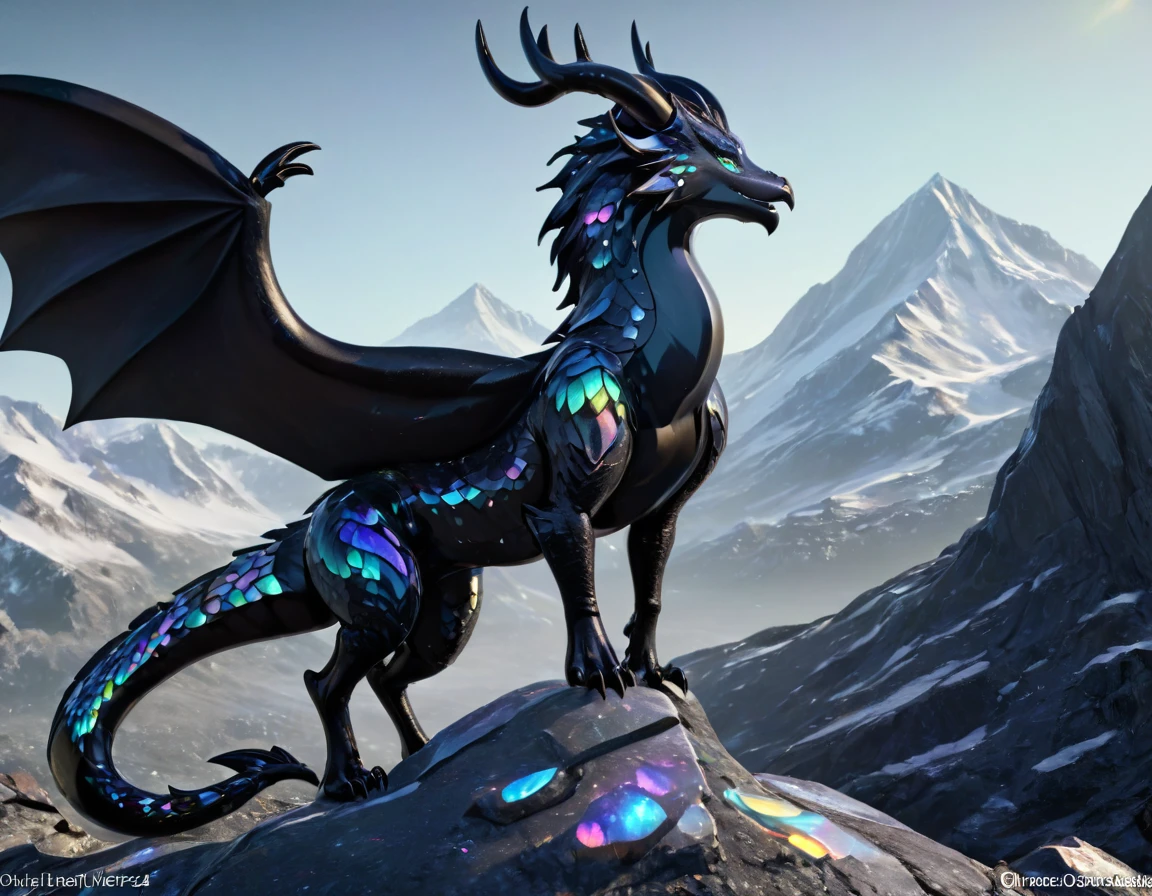 full body portrait of a realistic female obsidian dragon, opal scales, white opal eyes, universe in the scales, huge, long body, wings, many horns, horns, antlers, twisting horns, curled horns, wolf shaped head, opalescent scales, white eyes, mysterious mountain scenery, full body, cinematic, render, 8k, unreal engine, realistic, masterpiece, high detail, full body, low life, extremely intricate, extreme detail, volumetric lighting