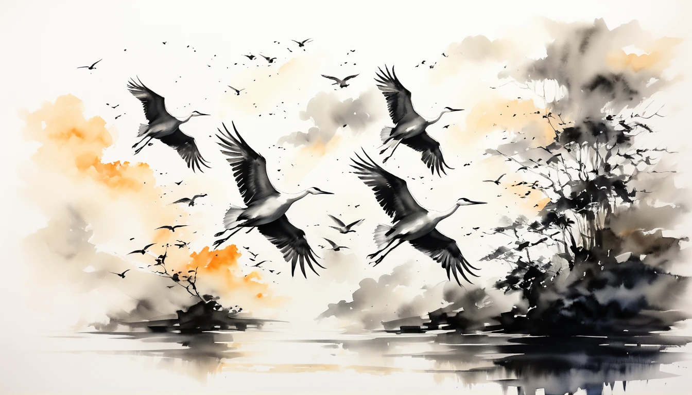 (Best quality, A high resolution, Ultra detailed:1.2), realistic, Ink for drawing, bright colors, moody lighting, white cranes flying into the sky, white clouds in a serene sky, capture a moment of calm and contemplation.