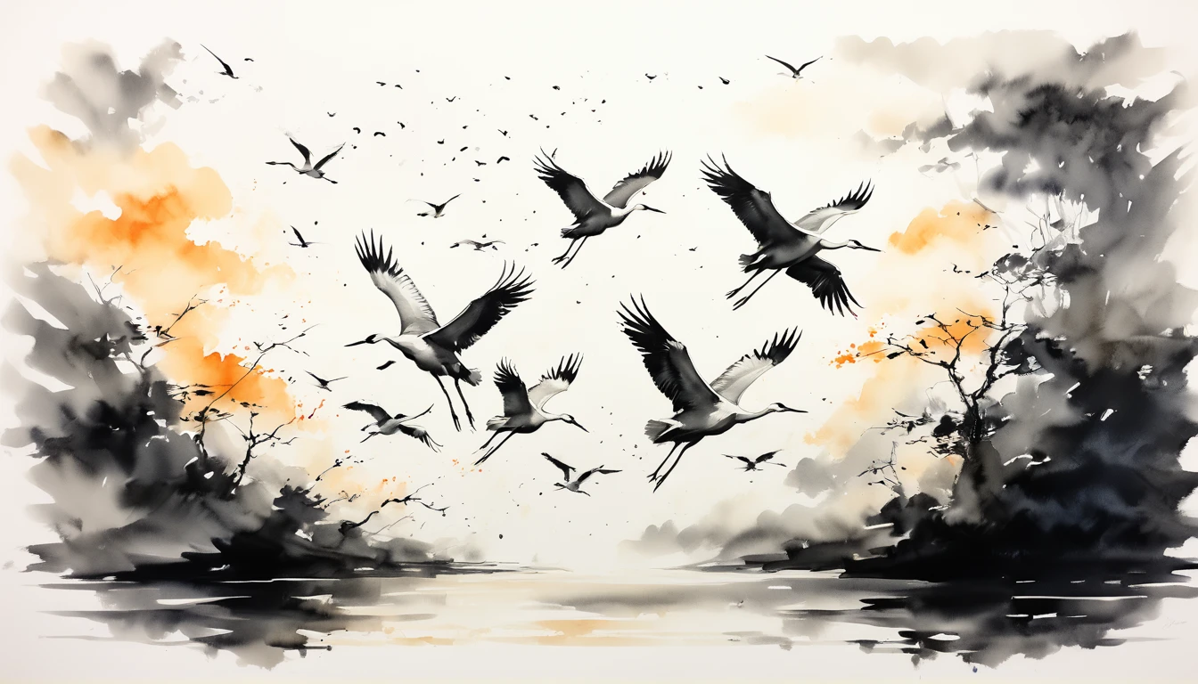 (Best quality, A high resolution, Ultra detailed:1.2), realistic, Ink for drawing, bright colors, moody lighting, white cranes flying into the sky, white clouds in a serene sky, capture a moment of calm and contemplation.