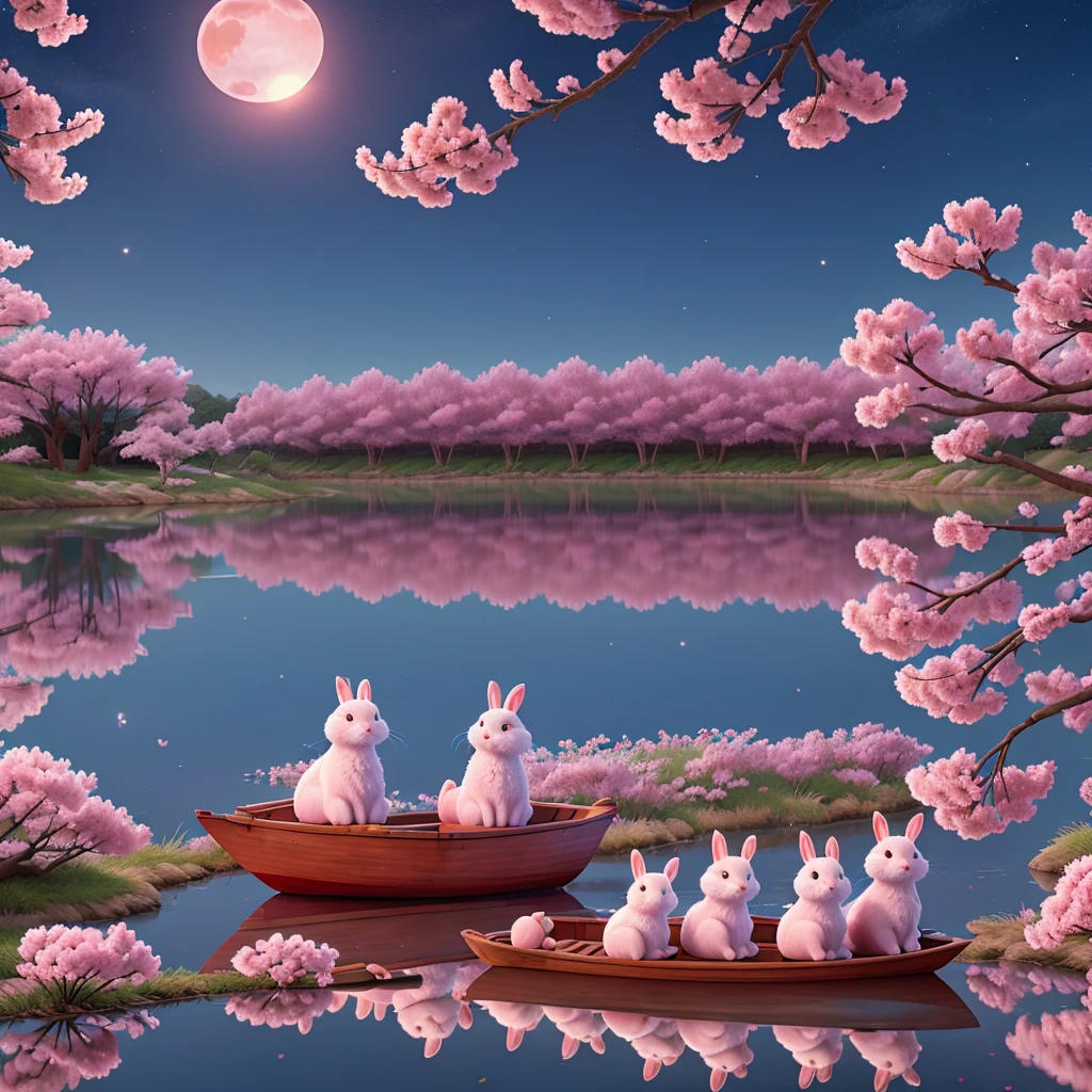 the reflection of the full moon on the pink lake with rabbits sitting on boats and falling cherry blossoms