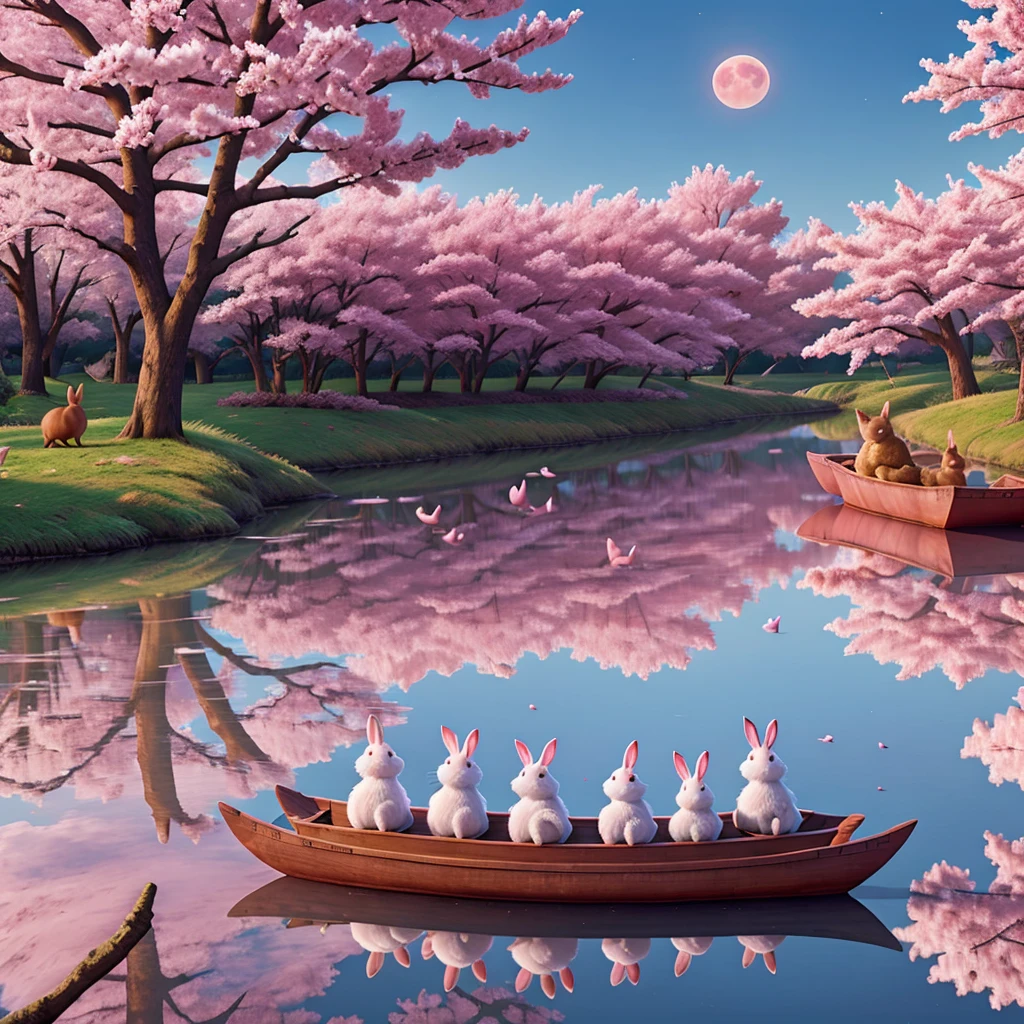 the reflection of the full moon on the pink lake with rabbits sitting on boats and falling cherry blossoms