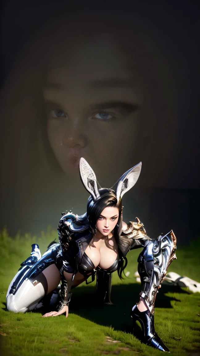 Woman with perfect body, Bunny The First Descendant Ultimate Skin, dressed in a colan sex and fitted to the body with white, black and chrome details and with her legs showing, in front of her full body, with eyes and mouth showing