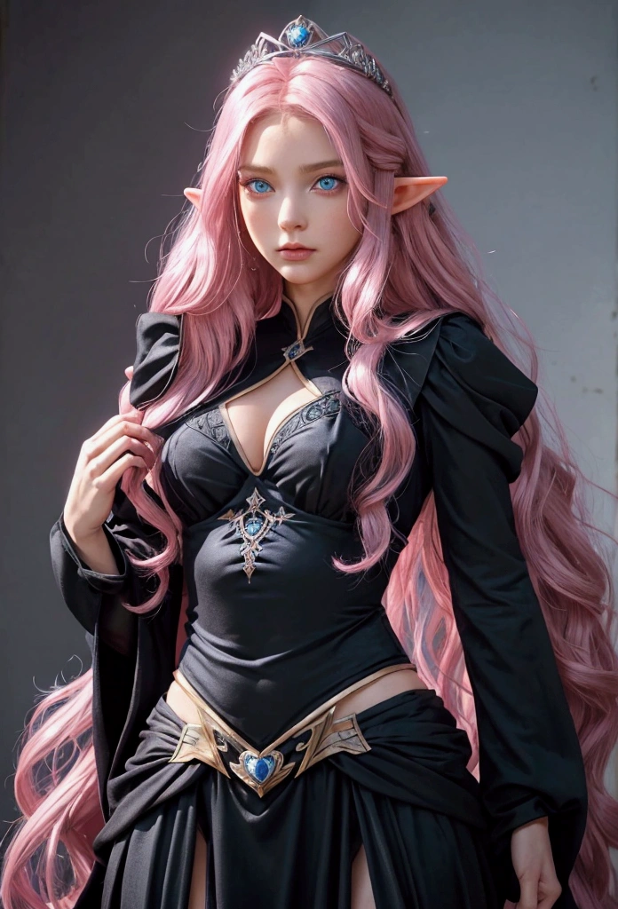 Woman, long wavy hair, pink hair, blue eyes, elf, black clothes, sexy, (body facing forward), (front),Crown, sexy, queen, elf ,Blue eyes , Adult 