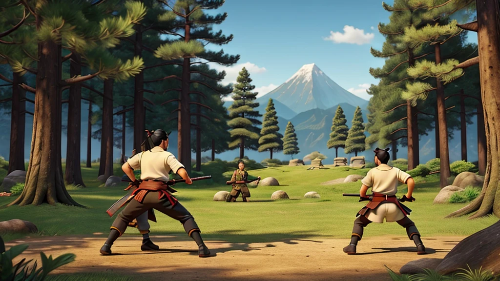 two samurai fighting in a forest with mountain background