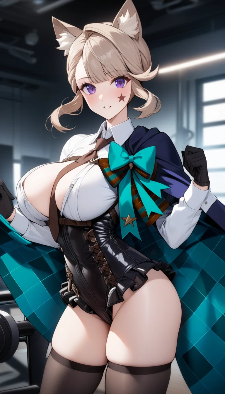 masterpiece, best quality, very aesthetic, absurdres, 1girl, mature_lady,  ,Lynette, animal ear fluff, Animal ears, Cat ears, facial mark, Hair Bow, Purple_eyes, Brown hair, Star, Star on cheek,,black_leotard, black_gloves, white_shirt, shirt, blue_cape, cape, long_sleeves, thighhighs, black_thighhighs, underbust, belt, necktie,in gym,floating_hair,covered_breasts