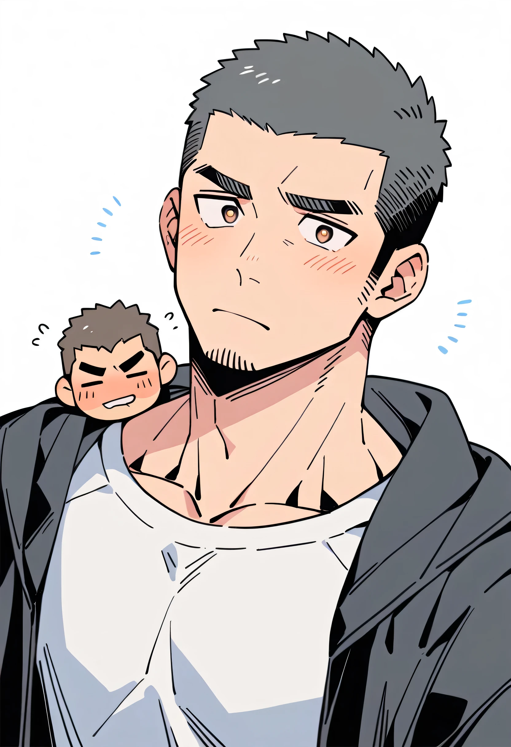 anime characters:Priapus, Muscle Sports Student, Buzz Cut, Manliness, male focus, Sports tight hooded sweatshirt, Very tight, full and perky chest muscles, muscular male, muscular, only, Upper body, alone, Black short hair, Thick eyebrows, stubble, Brown-red pupils, White background, simple background, amazing quality, best aesthetics, Ridiculous, crew cut, blush, Biting a pair of white panties, embarrassed, shy, endured face, negative space, best quality