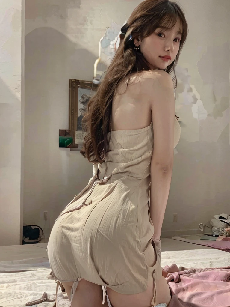 ((Best Quality, 8K, Masterpiece: 1.3)), Focus: 1.2, (Korean Artist. Kwon eun bin) Perfect Body Beauty: 1.4, Buttocks: 1.2, Highly detailed facial and skin texture, facial makeup. Red lipstick. Create a beautiful young Korean woman with very expressive eyes, score_9, score_8_up, score_7_up, masterpiece, absurdres, 1 girl, solo, smile, looking at viewer, long hair, brown hair, bangs,, earrings, jewelry, necklace, white dress, sensual pose in sofa, living interior, large breasts, buttocks look plump even though they are covered. seen from behind. shot from the back corner. shot from the back corner. modern room view. modern view of daylight space, realistic