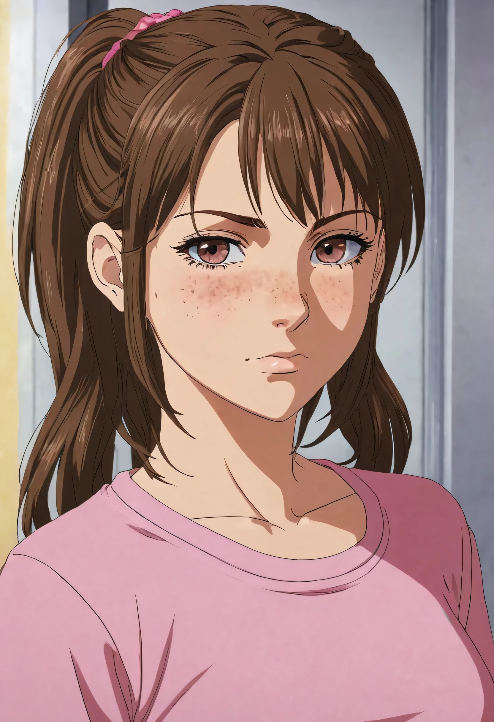 {{Teenage female, caucasian}}, looking at viewer, hazel eyes, extremely detailed, brown hair, pink clothes, bully, mean girl, tough girl, , bruises, scars, happy, best quality, high quality, extremely detailed anime screencap, full body