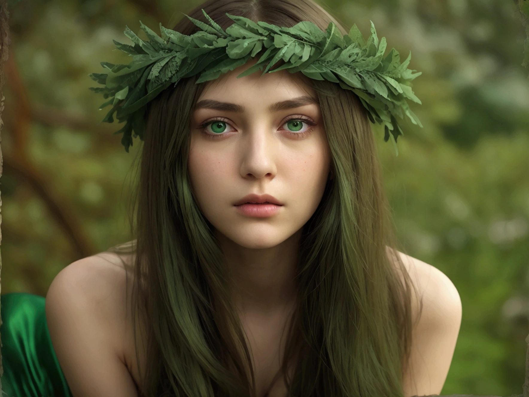 a girl. face sent feeling. Europe. Oval face. long face. delicate facial features. sad eyes. seductively seductive. green eyes. long straight hair. green hair. Sad and disappointed expression. big breasts. green silk nightgown. Large wreath on head. shy sitting posture. straight face. outdoor