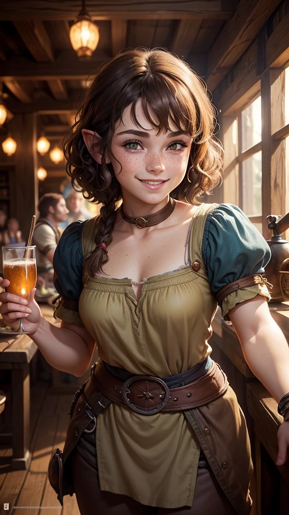 Stunningly beautiful, adult halfling girl, halfling, handsome, halfling female, brunette short curly hair, many freckles, in a fantasy tavern, high cheekbone, smiling, full body portrait, detail love, good quality, colourful, highly detailed, soft light