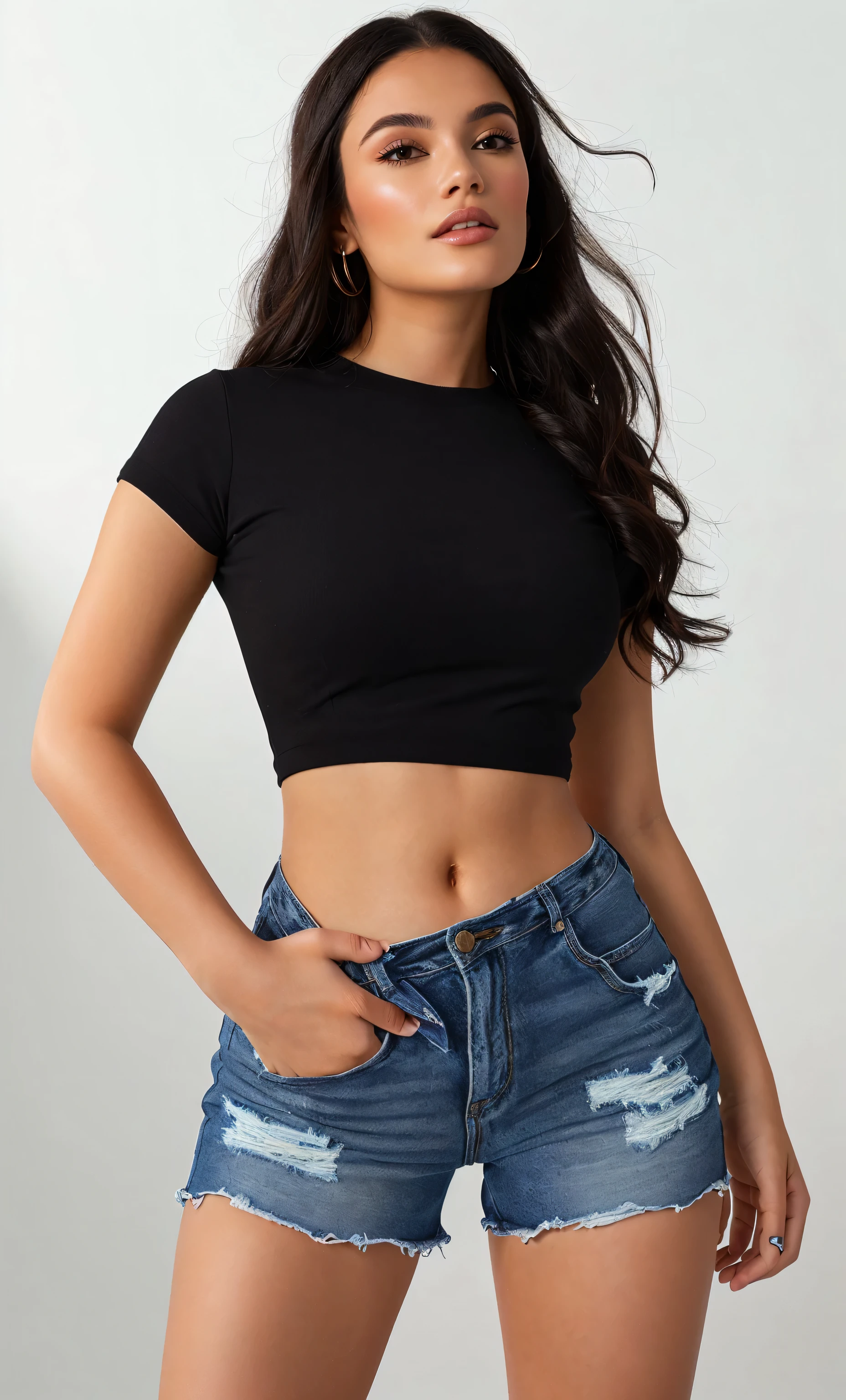 a woman in a that's why and denim shorts posing for a picture, that's why, with torn t-shirt, top cut, wearing simple, tight-fitting clothes, usando um top cropped sexy, top cut, wearing short tops, wearing a black cropped blouse, wearing top cut, tight shirt, black jersey, black tee, wearing a black cropped tank top