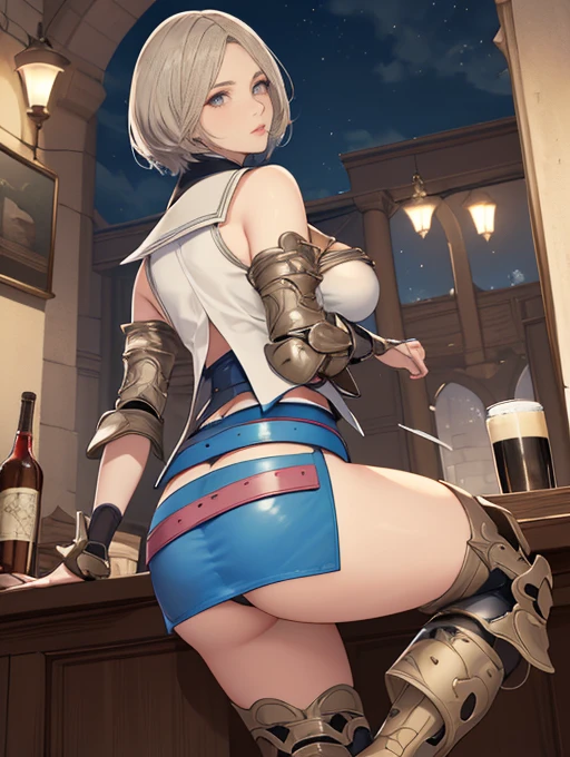 (masterpiece, best quality), looking back,{{{{{A group of female adventurers set in a medieval fantasy world:1.9}}}}}, (At the pub), random Hairstyle, Harem, night, detailed aspects, Asheria:1.5, Asheria:1.3, short hair, Bobcut, Very short pleated mini skirt with embroidery pattern, Seduce, Sleeveless, armor 、Shoulder Armor、show off butterfly micro panties:1.25、Big Breasts、Big Ass、Wide waist、Pull up their skirts,Knee socks,