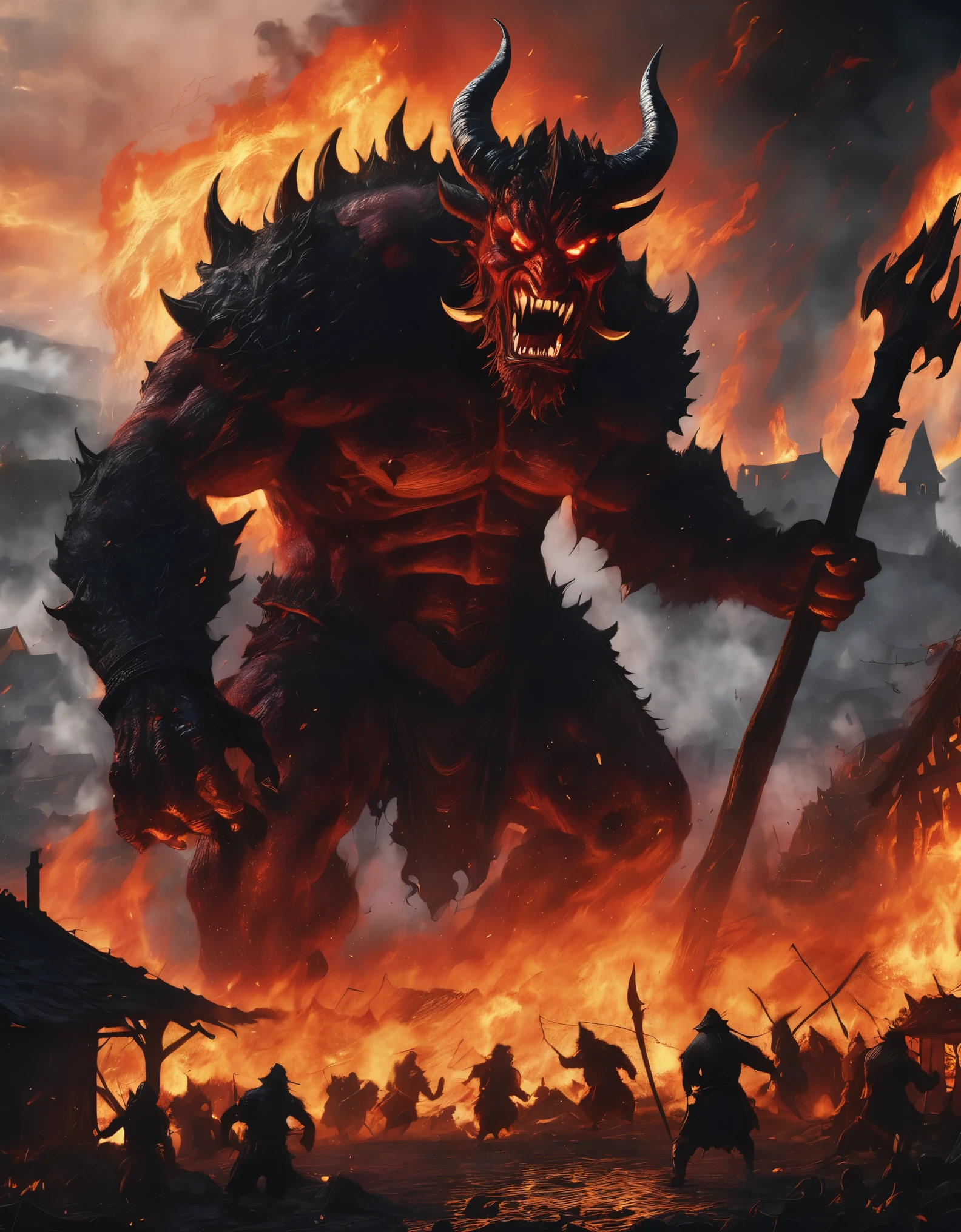 A massive fire scary demon, towering over a medieval village with flames engulfing its body, wielding a colossal axe with lava and fire,  as terrified villagers flee in all directions. Fire and lava are flowing from the demon. The sky is dark with smoke and lightenings, the village ablaze in the background, capturing the intense and chaotic battle scene with high contrast and dramatic lighting. cinematic, epic realism,8K, highly detailed, spooky vibe