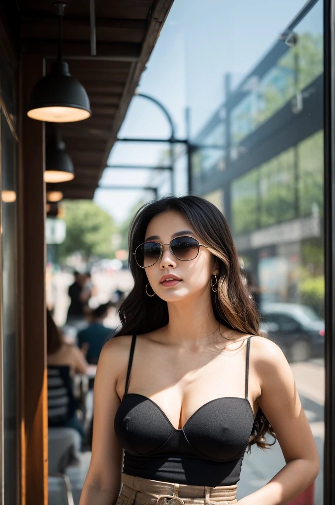 ”21yo girl, beautiful, wavy black hair, (black sunglasses, wearing transparent tube top, wearing transparent tube long skirt), natural big breast, plumpy body, show sholders, in front of coffee shop, modern cinematic lighting, ray tracing, drop shadow wide shot UHD, textured skin, high details, best quality 4K, stand pose, looks graceful."