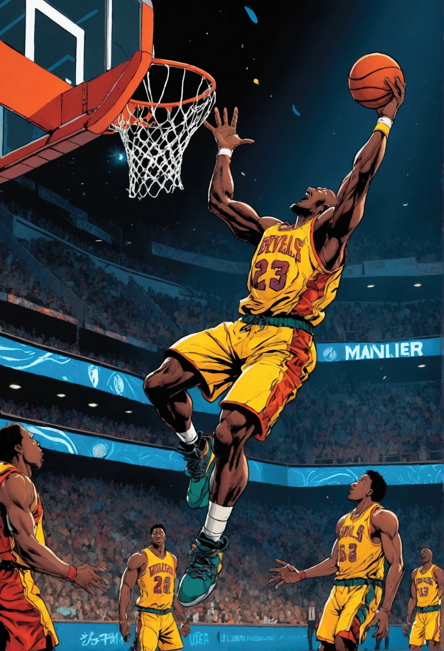 powerful basketball Dunk, Game-Winning Dunk, by Frank Miller, comic style,, full body, cinematic still, (best quality, masterpiece), very aesthetic, perfect composition, intricate details, ultra-detailed, vivid colors