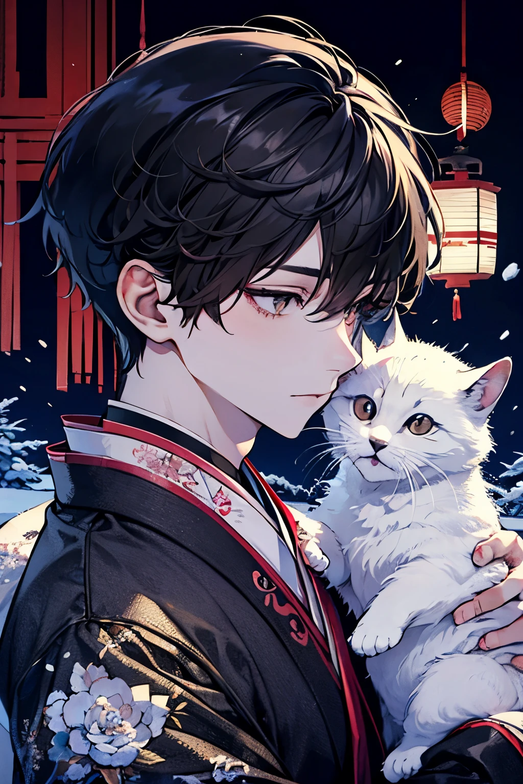 Handsome young man celebrating new year in traditional Japanese atmosphere. The moment just before picking up a black cat and kissing it. quiet garden covered in snow. In the garden there is a small pine tree and a snow-capped stone lantern., Softly illuminated by the early morning light of the New Year. Features smooth black hair, Styled in a classic style, Deep brown eyes that reflect the start of a new year full of hope.
