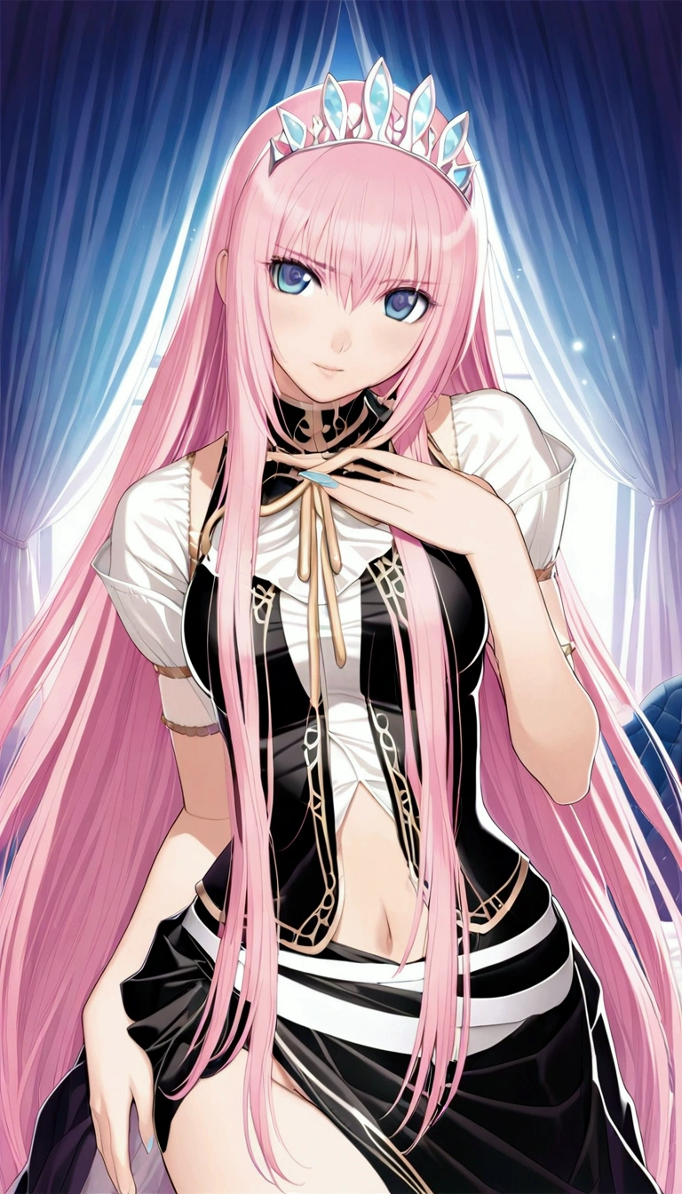 Erotic:1.1,Detailed and beautiful depiction 1.3,Official Art,Beautiful adult woman ,Official Megurine Luka,Pink long hair,blue eyes,Bedroom