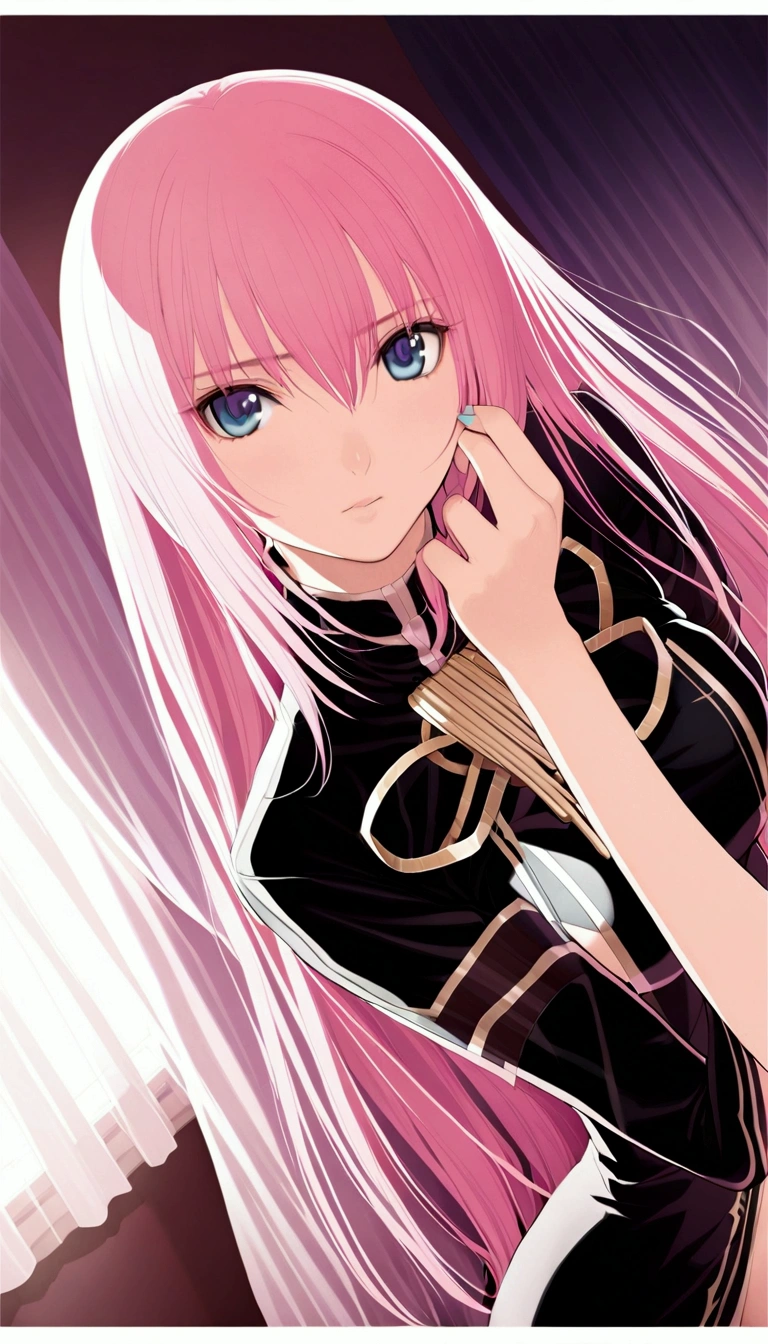 Erotic:1.1,Detailed and beautiful depiction 1.3,Official Art,Beautiful adult woman ,Official Megurine Luka,Pink long hair,blue eyes,Bedroom