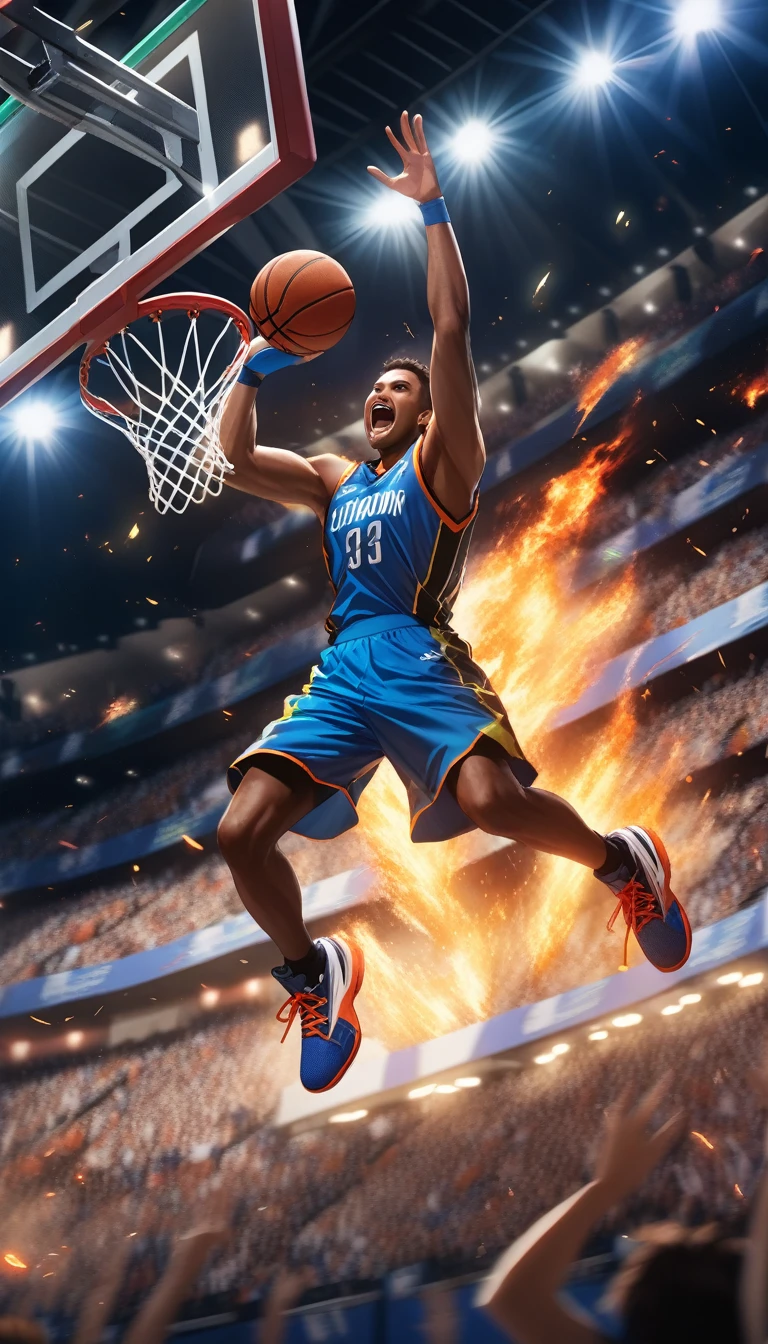 Basketball player dunking in a clutch moment, high in the air, gripping the basketball with both hands, slamming it into the hoop, cheering crowd, stadium lights, dynamic blur, vibrating basketball net, victorious moment, intense competition, high definition detail, sports photography, on fire, adrenaline rush, professional athlete, vivid colors, dramatic lighting