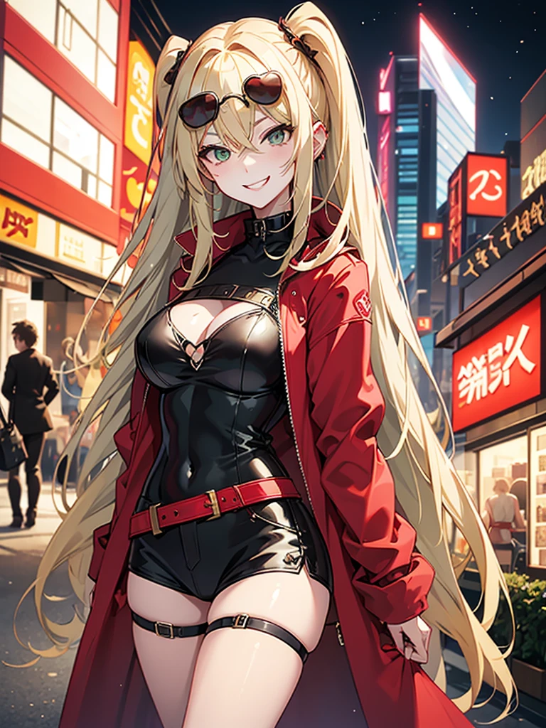 woman、Early 20s、Wicked Smile、Blonde、Long Hair、Green Eyes、Frameless sunglasses with red lenses、breast enhancement、sexy、sexyなポーズ、Black tube top、hot pants、Bright red long coat、R-18、City of night