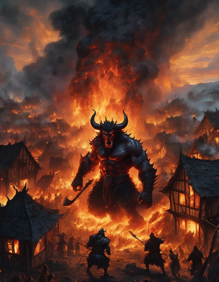 A massive fire scary muscled demon, towering over a medieval village with flames engulfing its body, wielding a colossal axe with lava and fire, as terrified villagers flee in all directions. Fire and lava are flowing from the demon. The sky is dark with smoke and lightenings, the village ablaze in the background, capturing the intense and chaotic battle scene with high contrast and dramatic lighting. cinematic, epic realism,8K, highly detailed, spooky vibe