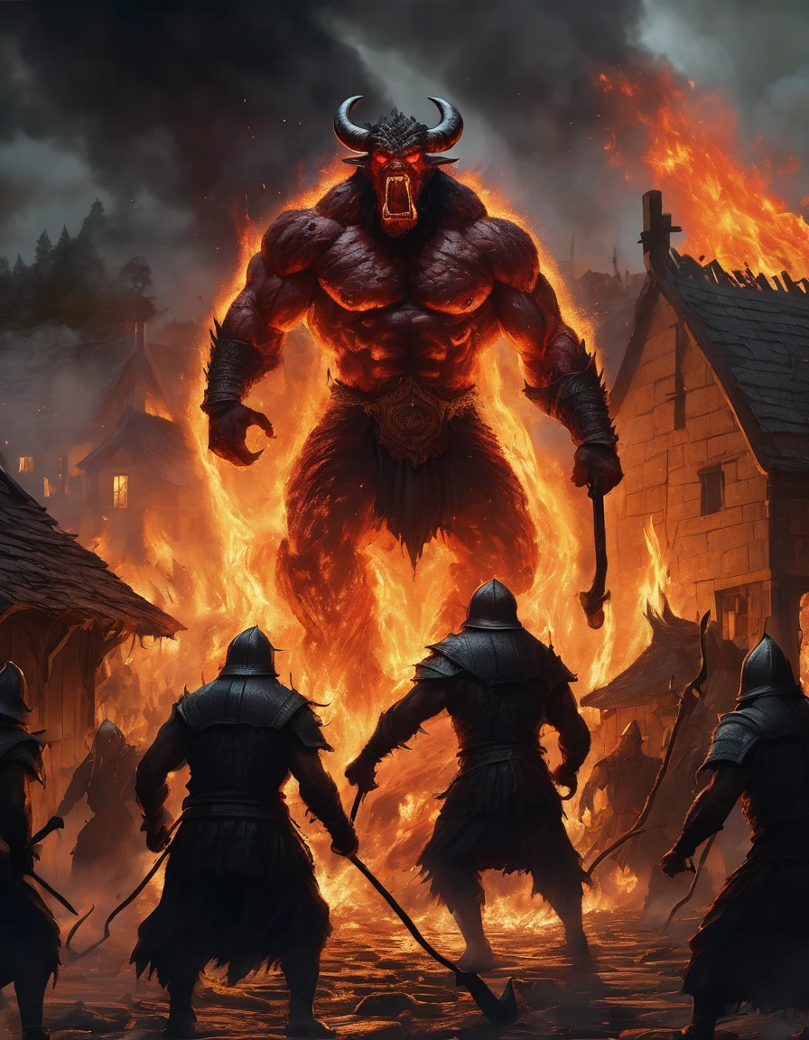 A massive fire scary muscled demon, towering over a medieval village with flames engulfing its body, wielding a colossal axe with lava and fire, as terrified villagers flee in all directions. Fire and lava are flowing from the demon. The sky is dark with smoke and lightenings, the village ablaze in the background, capturing the intense and chaotic battle scene with high contrast and dramatic lighting. cinematic, epic realism,8K, highly detailed, spooky vibe