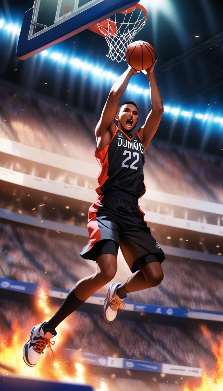 Basketball player dunking in a clutch moment, high in the air, gripping the basketball with both hands, slamming it into the hoop, cheering crowd, stadium lights, dynamic blur, vibrating basketball net, victorious moment, intense competition, high definition detail, sports photography, on fire, adrenaline rush, professional athlete, vivid colors, dramatic lighting