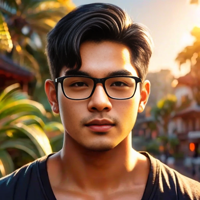 Araaf Asian man with a round face, black eyes, staring at the viewer, morning sun, ((face details)), Double eyelids, realistic, Masterpiece, short hair, black eyes,abdominal muscles, The body is beautiful and strong...,, (digital painting, HDR, high contrast