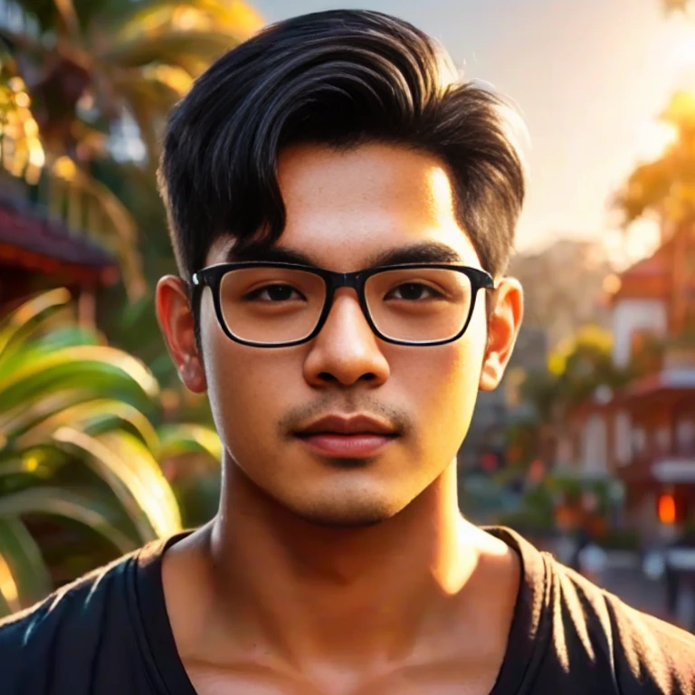 Araaf Asian man with a round face, black eyes, staring at the viewer, morning sun, ((face details)), Double eyelids, realistic, Masterpiece, short hair, black eyes,abdominal muscles, The body is beautiful and strong...,, (digital painting, HDR, high contrast