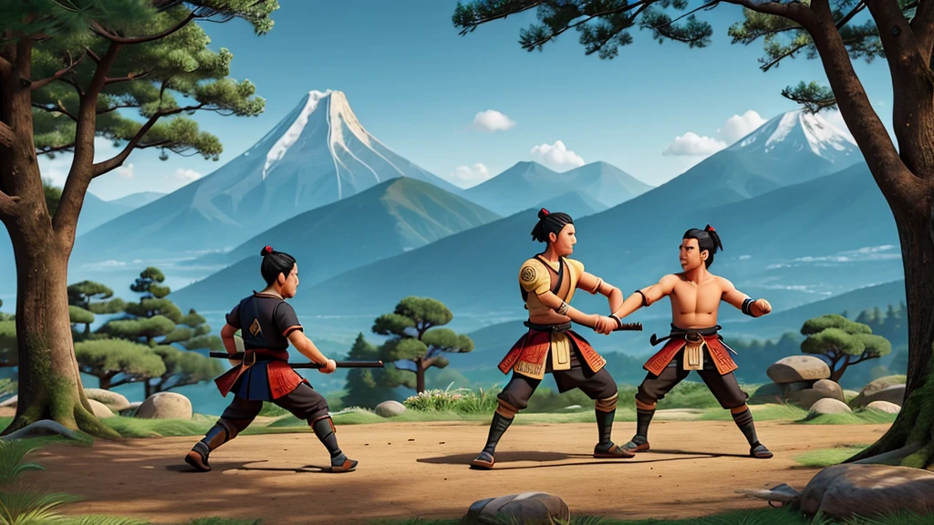 two samurai fighting in a forest with mountain background