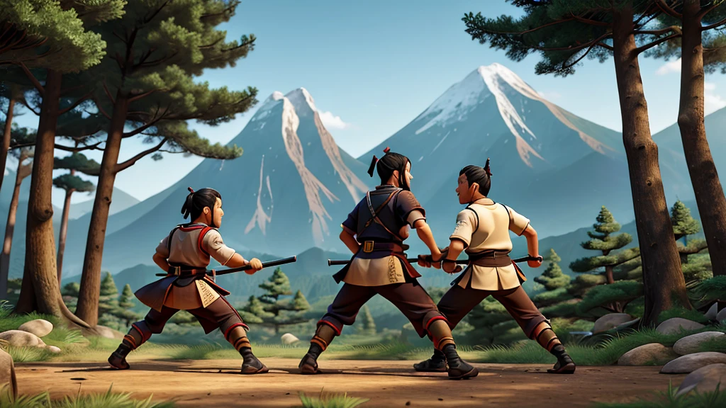 two samurai fighting in a forest with mountain background