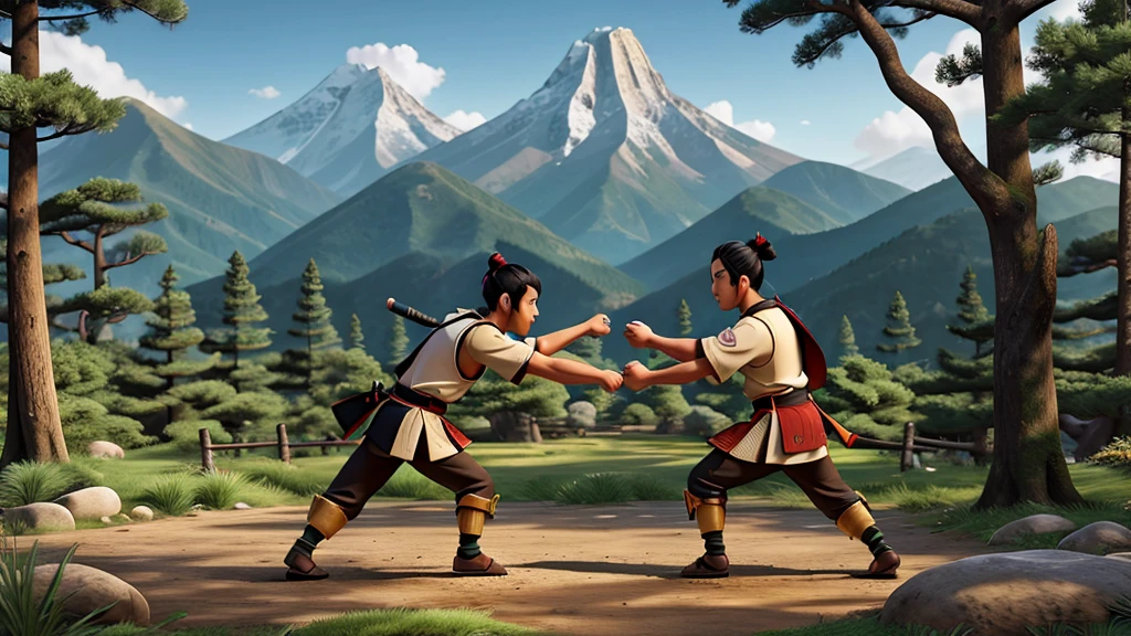 two samurai fighting in a forest with mountain background