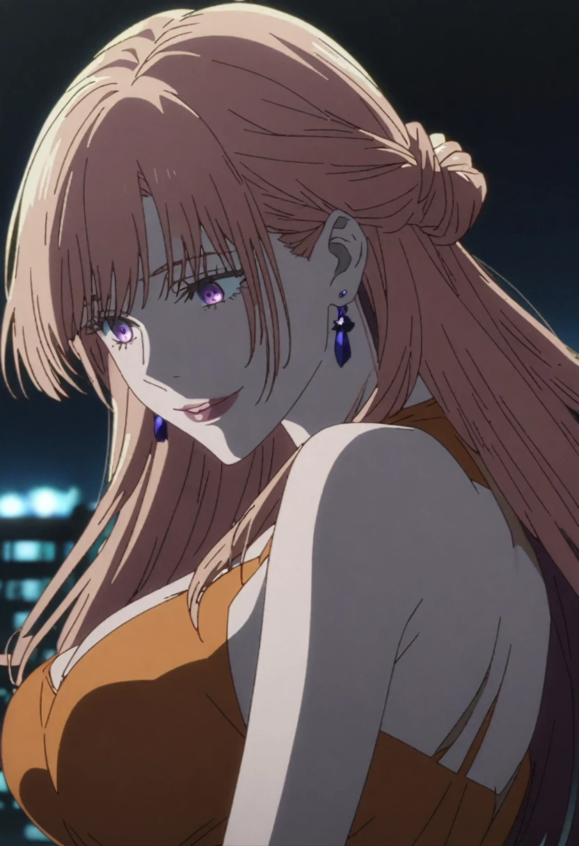 1girl, female gojo satoru, anime screencap from jujutsu kaisen, gojo satoru female version, solo, long_hair, purple eyes (Orange hair, elegant hairstyle), night view, (hanging breasts) upper_body, smile, purple_eyes, lips, ((wearing orange colour dress)) breast, "very detailed and high resolution" (purple eyes) ((cross arms)) ((long hair, elegant hairstyle)) ((solo)) (front view) (earings) ((high resolution)) ((good quality)) 