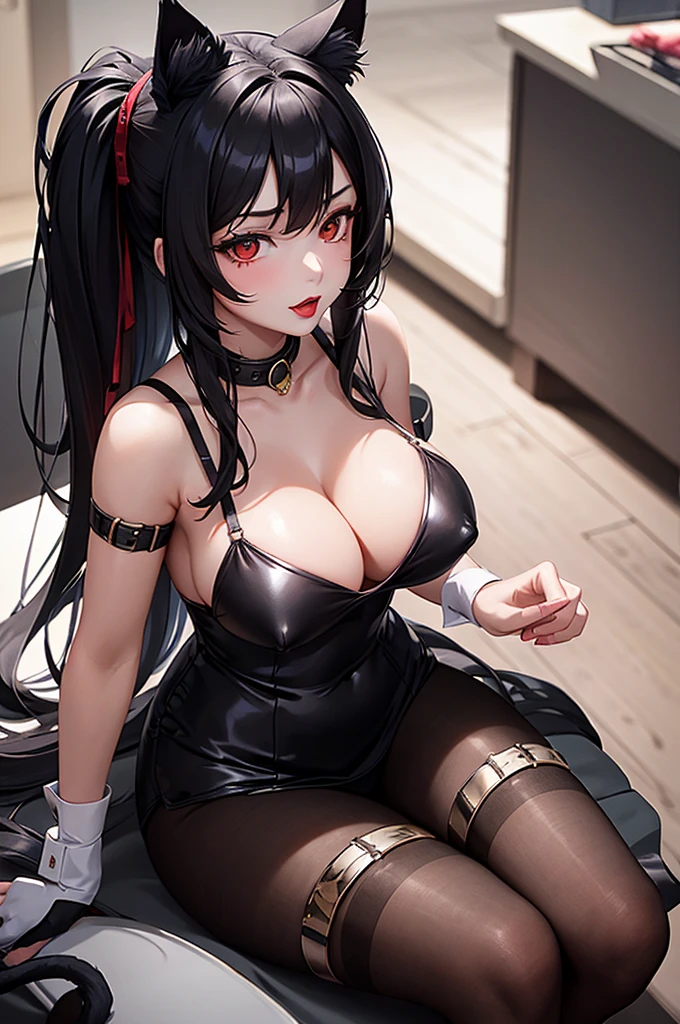 Detailed facial details，16 years old，1 girl，Red lips，Cat ear，Black long hair，Wearing snow-white latex lace bunny，Large Breasts，Slim，Handcuffs，Collar，Radiant Skin，Sitting at the table，Hospital