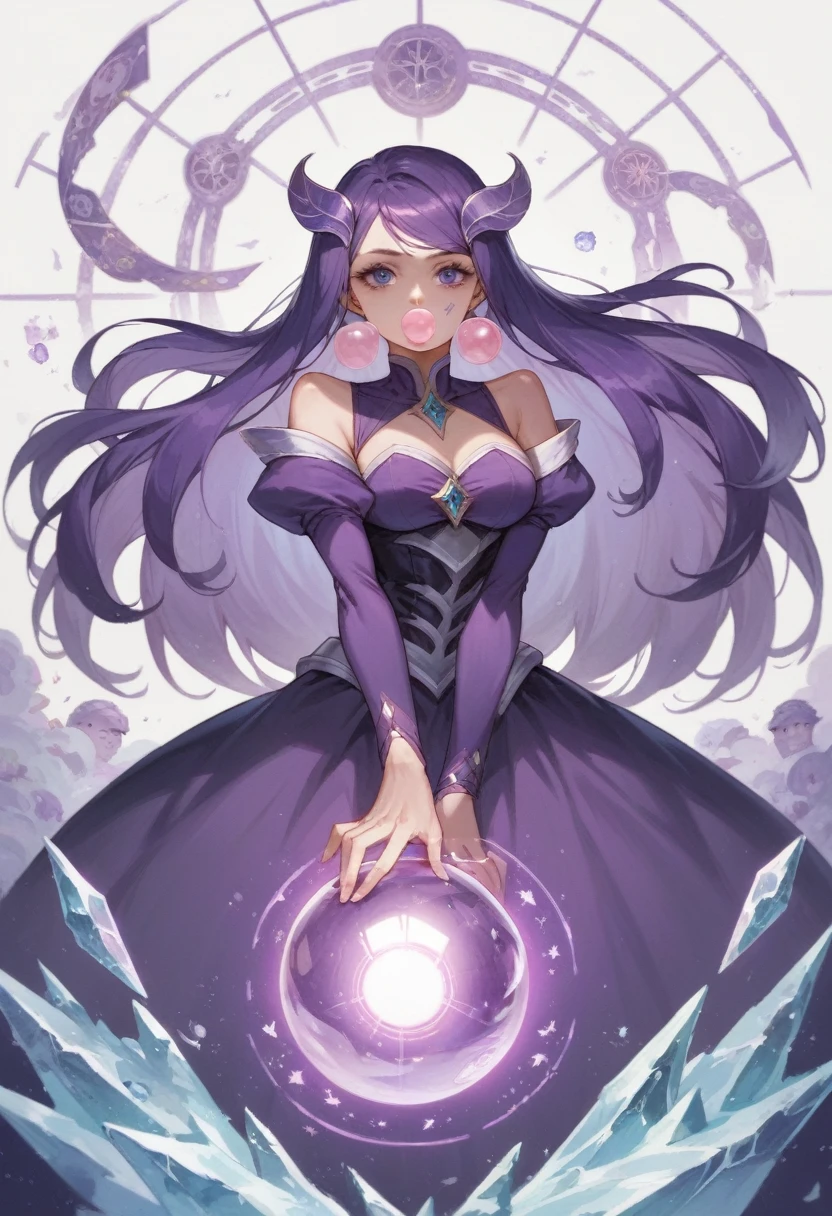 anime character with a purple dress and a purple ball, a sorceress casting a ice ball, doujin, flirty anime witch casting magic, bubblegum body, /!\ the sorceress, nanogirl, biomechanical oppai, urusei yatsura, psychic girl, [ tarot card ]!!!!!, old artbook, knights of zodiac girl